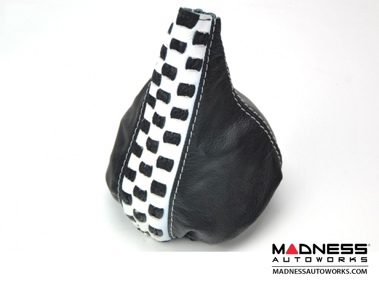 FIAT 500 Gear Shift Boot - Black Leather w/ Checkered Black and White Stripe